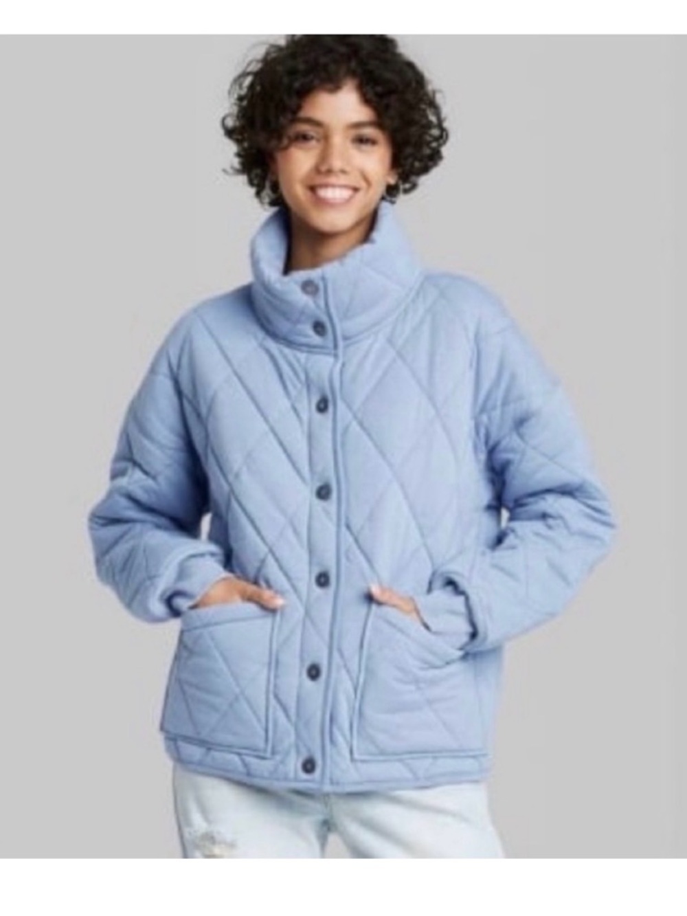 Blue Quilted Jacket Puffer Lightweight Cozy Clean Girl Minimal Cottagecore Comfy